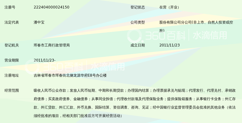 吉林九台农村商业银行股份有限公司珲春支行_