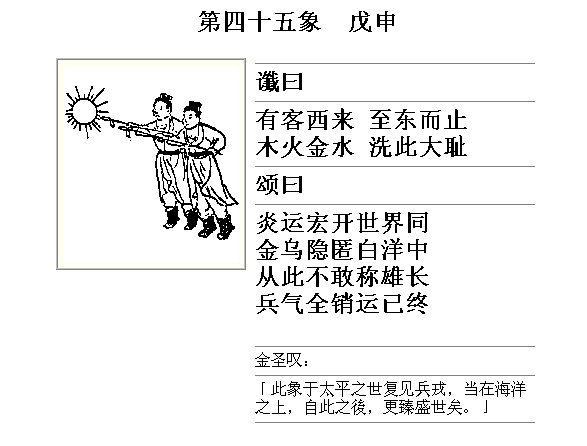 推背图第45象 折叠 第四十五象 戊申 坎下艮上 蒙卦谶曰 有客西来